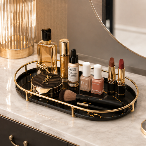 Premium Design Marble Cover Cosmetics Tray | Elegant Makeup Organizer with Protective Lid