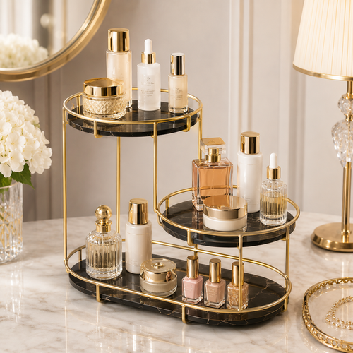 3-Tier Gold Cosmetic Organizer Tray – Marble Makeup & Perfume Display Stand